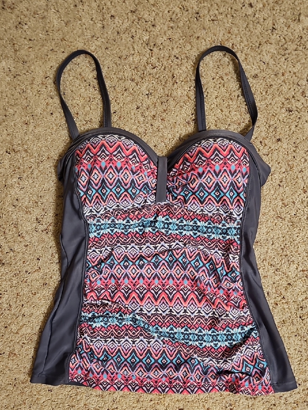 Free Tech Women's Geo Print Tankini Top - Pink, Teal, And Gray